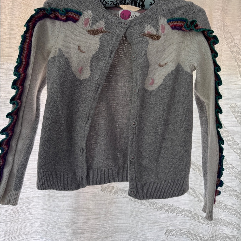 Mini Boden Girls Gray Unicorn Cardigan with rainbow sleeve detail. UNIQUE! 9/10